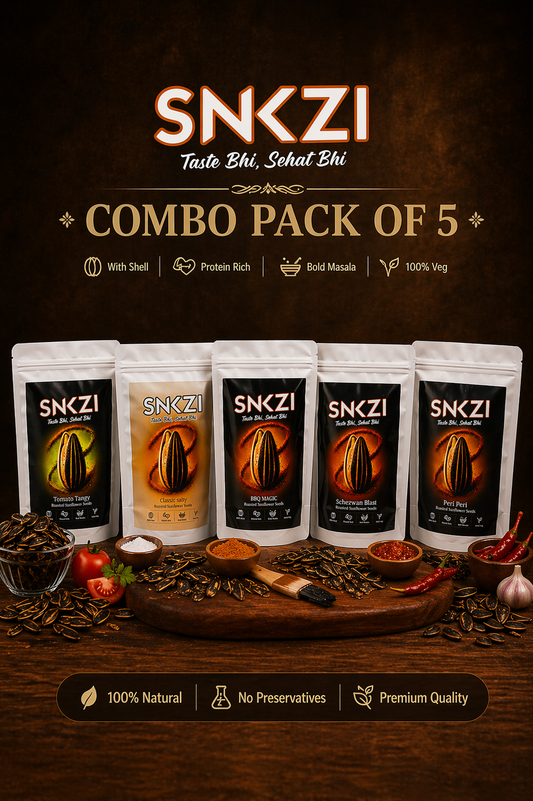 SNKZI Jumbo Sunflower Seeds Variety Combo Pack | 5 Flavours (Tomato Tangy, Schezwan, Peri Peri, Classic Salty, BBQ) | 100g Each